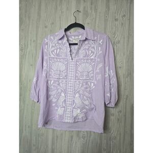 Johnny Was Workshop Purple Embroidered Blouse XS Boho Floral Top